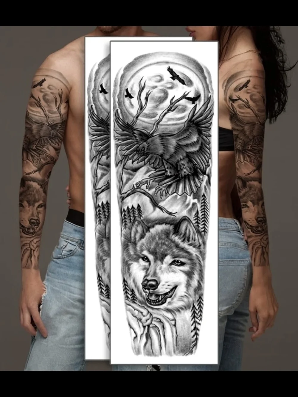 Black and Gray Wolf & Raven Full Sleeve Temporary Tattoo - Picture 3 of 4